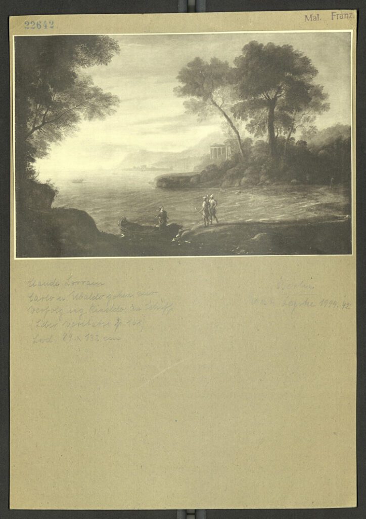 Abb. 2: Fotokarte des Gemäldes Die Einschiffung von Carlo und Ubaldo von Claude Lorrain, 1667, Verbleib unbekannt, ZI München/Photothek, 22642. Auch der Verbleib des bei Böhler geführten Gemäldes Landschaft mit See ist unbekannt.