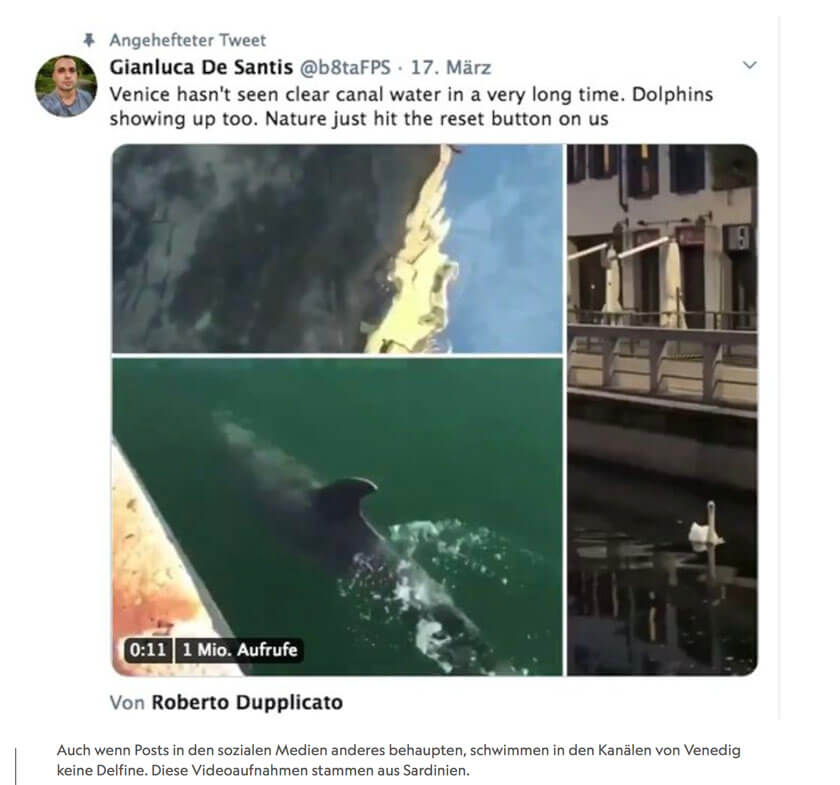 Screenshot eines Twitterbeitrags zu den angeblich positiven Folgen der Coronakrise auf die Umwelt. Delphine in den Lagunen von Venedig.