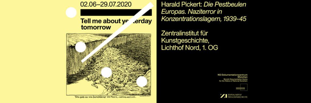 Ein gelb-schwarzes Werbeplakat für eine Ausstellung im Zentralinstitut für Kunstgeschichte. Die linke gelbe Fläche zeigt eine Grafik mit einem hohen Leichenberg sowie einen Teil einer weißen Uhr. Auf der schwarzen rechten Seite stehen einige Informationen zu der Ausstellung.