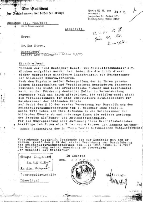 Ein Brief an Dr. Max Stern mit viel Text und einem offiziellen Stempel. der einen Adler abbildet.