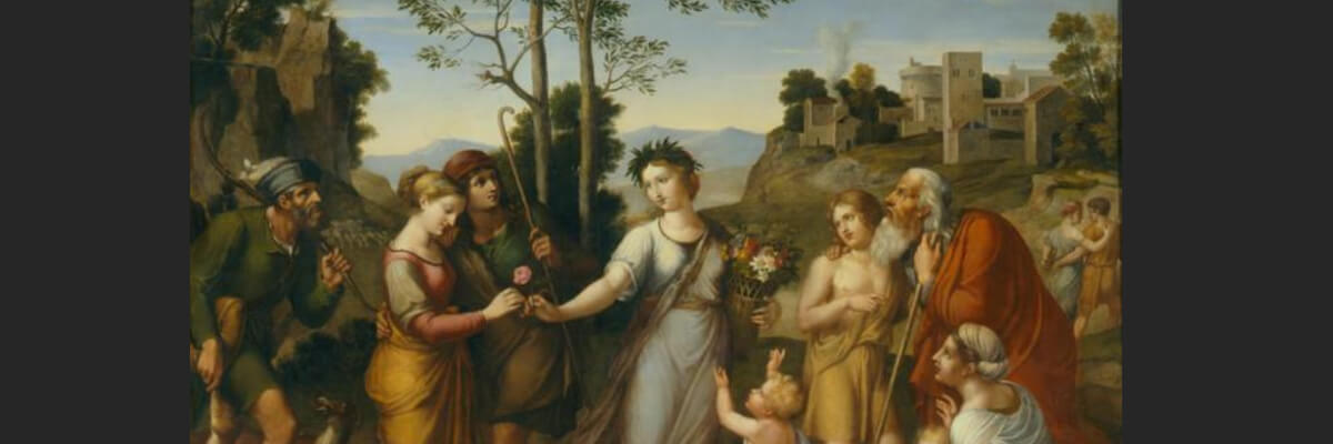 Ein Ausschnitt aus einem Gemälde. Im Zentrum des Bildes steht eine junge Frau. Sie wird von vielen Menschen aller Altersstufen umringt und verteilt Blumen an diese. Die Szene spielt sich mitten in der Natur ab und in der Ferne erkennt man eine kleine Ortschaft.