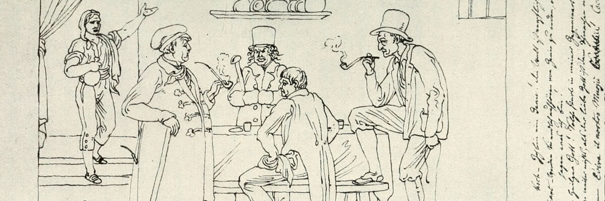 Die Zeichnung zeigt fünf Männer in einem Innenraum. Sie Vier von ihnen sind um einen Tisch herum gruppiert und rauchen teilweise Pfeife. Ein fünfter Mann mit einer Flasche in der Hand kommt gerade ein paar Stufen hinab.