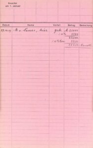 Eine große, rosige Karteikarte mit einer Tabelle. Es wurden einige wenige handschriftliche Vermerke notiert.