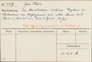 Eine weiße Karteikarte mit Informationen zu einem verkauften Gemälde von Jan Steen. Sie ist bedruckt, wurde aber handschriftlich ausgefüllt.