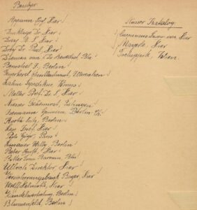 Ein Blatt Papier mit einer handschriftlichen Liste aus zwei Spalten. Die linke ist mit "Besitzer" betitelt und die rechte mit "Ausser Katalog".