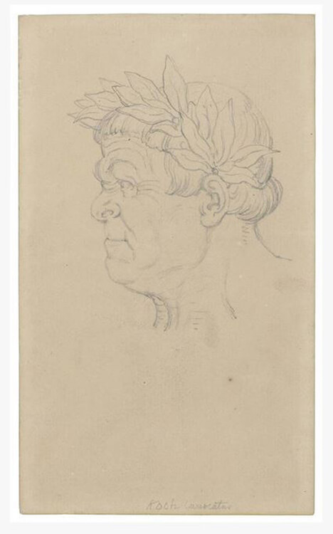 Eine Zeichnung eines sehr fleischigen Männerkopfes im Profil. Der Mann hat kurze Haare, einen dicken Hals und eine knollige Nase. Er trägt einen Lorbeerkranz im Haar.