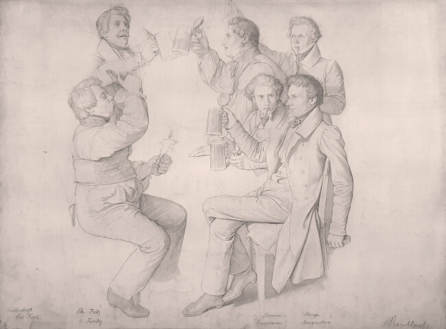 Die Zeichnung zeigt sechs Männer von denen drei sitzen und die drei anderen stehen. Sie stoßen gerade mit Biergläsern an. Einige von ihnen rauchen durch lange Pfeifen.