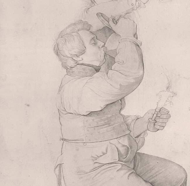 Eine Zeichnung eines wohl genährten Mannes mit kurzen Haaren und einem mächtigen Schnauzer. Er trägt ein Hemd und eine Weste und trinkt gerade einen großen Schluck aus einem Bierglas. In seiner anderen Hand hält er ein gebogenes, rauchendes Objekt.