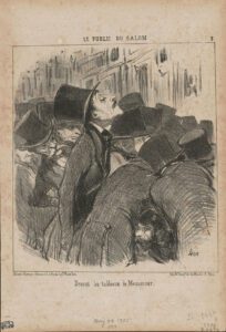 Die Zeichnung zeigt unzählige schwarze Zylinder, die auf eine Menschenmenge verweisen. Alle Menschen haben ihren Blick auf etwas gerichtet, das rechts außerhalb des Bildes liegt. Ein hagerer Mann mit knochigem Gesicht und Moustache reckt seinen Kopf empor und sticht so aus der Masse heraus. Ein anderer Mann schaut uns von unten, aus der Masse heraus, an. Über der Zeichnung steht "LE PUBLIC DU SALON".