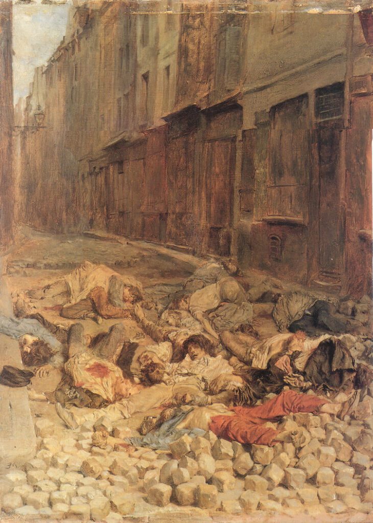 Das Gemälde zeigt eine gespenstische Gasse. Im Vordergrund liegen zahlreiche Leichen nebeneinander in Steintrümmern.