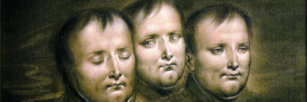 Das Gemälde zeigt drei ähnliche Köpfe, jedoch mit anderen Ausdrücken, nebeneinander. Einer blickt nach vorne, einer hat die Augen geschlossen und der mittlere Kopf betrachtet den Kopf mit geschlossenen Augen.