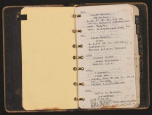 Ein aufgeschlagener Ordner mit zahlreichen Zetteln in alphabetischer Reihenfolge. Es werden bibliografische Daten von Kunstwerken aufgelistet.