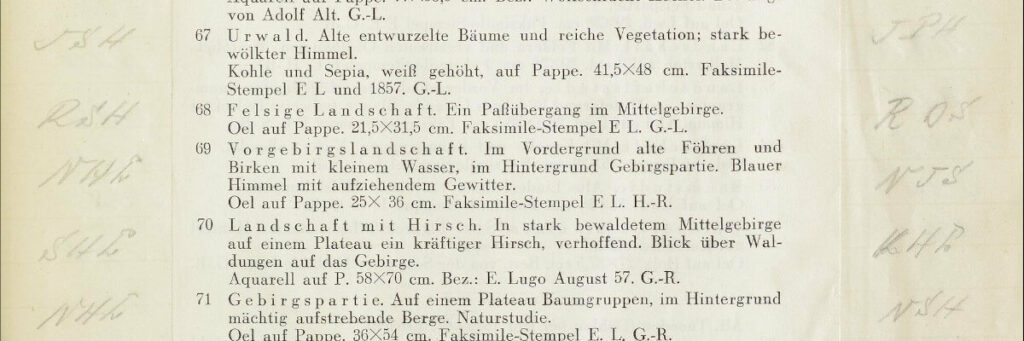 Ausschnitt von einem bedruckten Blatt Papier. Aufgelistet sind verschiedene Gemälde mit passenden bibliografischen Angaben und Kurzbeschreibungen. Links und Rechts wurden handschriftliche Vermerke ergänzt.