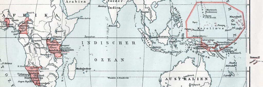 Ein Ausschnitt einer Weltkarte. Zu sehen sind der Indische Ozean sowie Teile Afrikas und Ozeaniens. Einige Gebiete sind rot markiert.