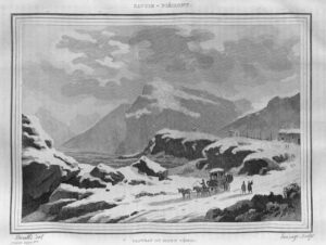 Die schwarz-weiße Druckgrafik zeigt eine verschneite, bergige Küstenlandschaft. Im Vordergrund ist eine kleine Kutsche und zwei stehende Personen zu erkennen, während man im Hintergrund einige kleine Häuschen sieht. Die Grafik ist mehrmals umrahmt und mit "SAVOIE - PIÉMONT. PLATEAU DU MONT CÉNIS." betitelt.