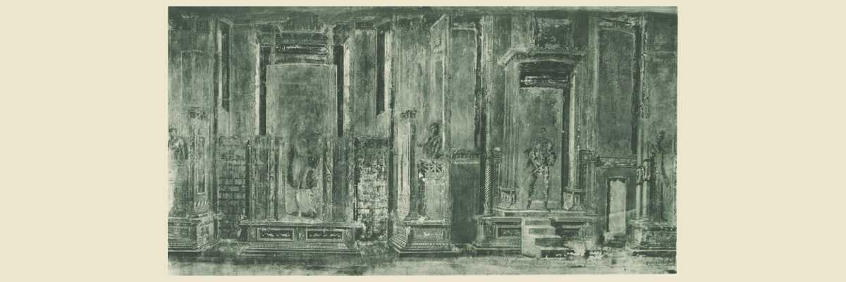 Eine dunkle Zeichnung einer antikischen Gebäudefassade mit mehreren großen Statuen.