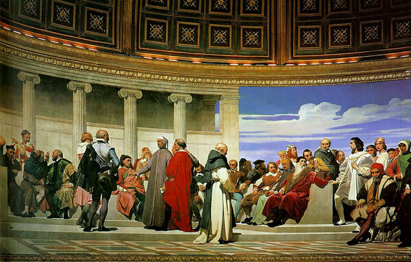 Paul Delaroche, Hémicycle des beaux-arts (Detail, rechte Seite), 1837–41. Öl und Wachs auf Wand. Ecole des beaux-arts, Paris (https://upload.wikimedia.org/wikipedia/commons/a/af/Hemicycle_of_the_Ecole_des_Beaux-Arts_3.jpg)