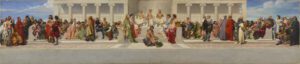 Das Gemälde zeigt eine riesige Menschenmenge auf einem Platz vor einem antikisch anmutenden Tempelbau mit großen Säulen. Ganz im Zentrum davon sitzen erhöht drei Männer, die nur mit einer weißen Toga und einem Lorbeerkranz bekleidet sind.