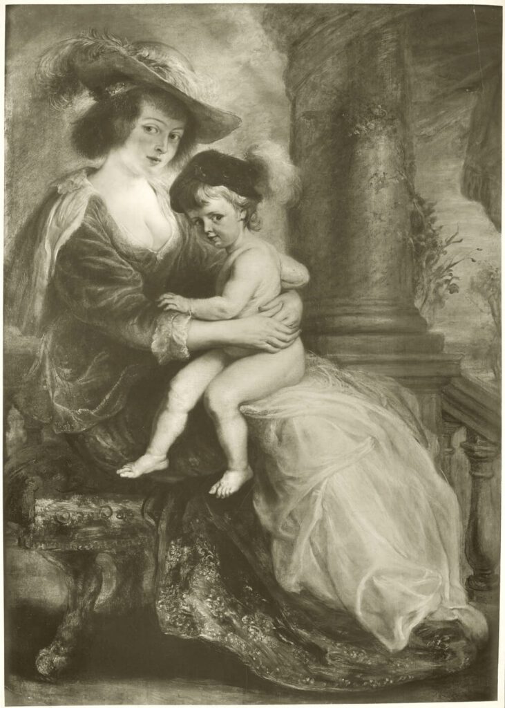 Peter Paul Rubens, Helene Fourment mit ihrem erstgeborenen Sohn Frans, um 1635, Bayerische Staatsgemäldesammlungen, München, Alte Pinakothek, Inv. Nr. 315, Fotografie, Zentralinstitut für Kunstgeschichte, Photothek, Bildarchiv Bruckmann, Rubens I/Nr. 228; rückseitig mit Bleistift beschriftet: „[…] 1922 nach beseitigter Übermalung!“ (Foto: M. Koscielniak)