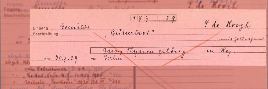 Ein Ausschnitt einer rosigen Karteikarte mit einigen handschriftlichen Vermerken. Sie bezieht sich auf den verkauf des Gemäldes "Butterbrot" im Jahr 1929 an Baron Thyssen. Die Vermerke wurden mit einem großen roten X durchgestrichen.