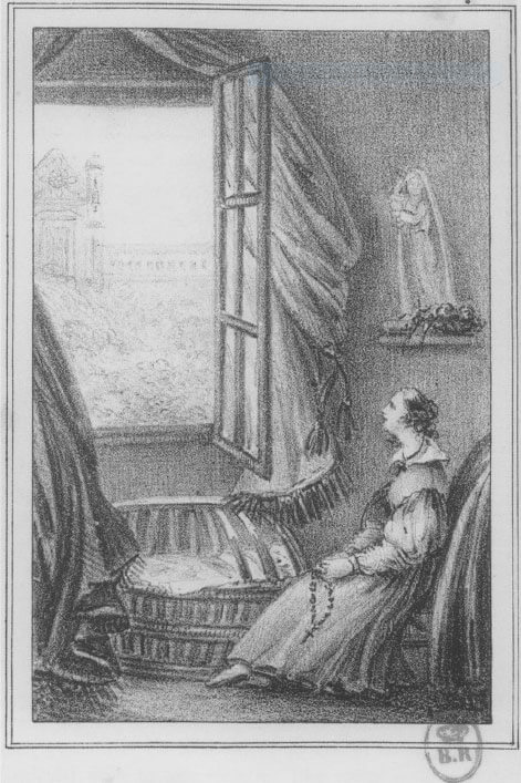 Frau in einem Zimmer, schaut durch ein offenenes Sprossenfenster nach draußen.