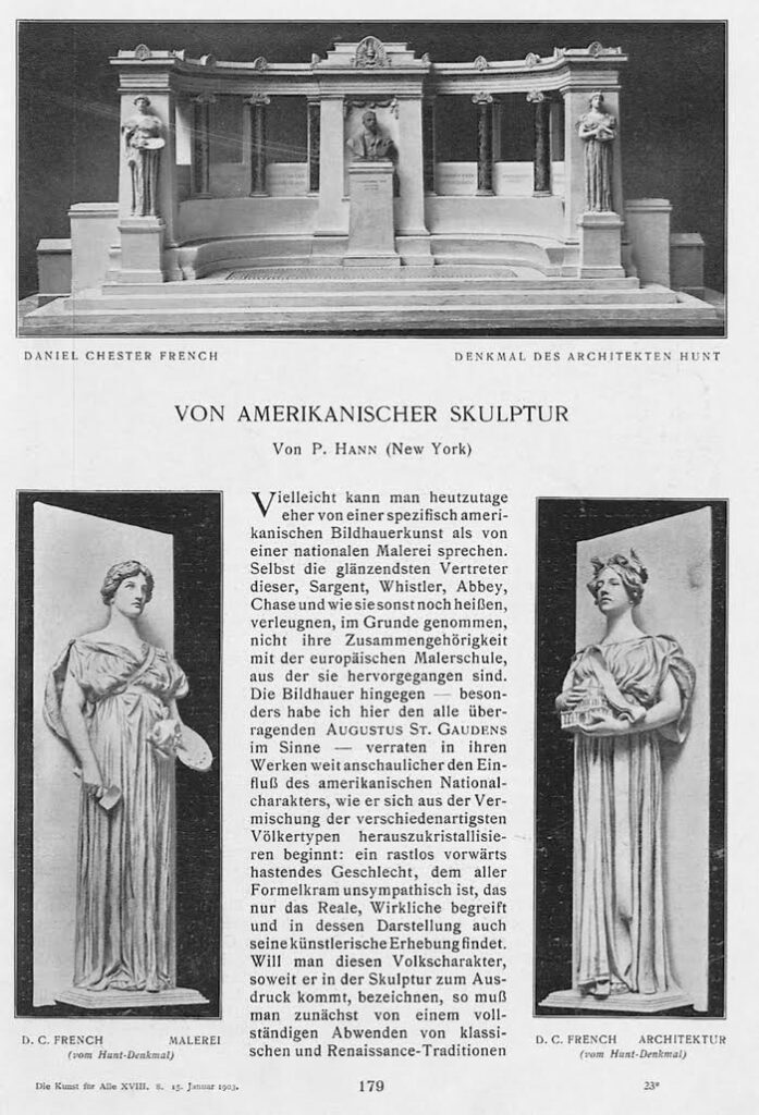 Eine Seite aus einer Zeitschrift mit Text und drei Abbildungen einer großen Denkmalstätte mit zwei großen eleganten weiblichen Statuen. Der text trägt die Überschrift "VON AMERIKANISCHER SKULPTUR" und wurde von der Autorin Pauline Hann verfasst.