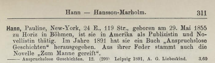 Lexikoneintrag zu Pauline Hann, in: Sophie Pataky: Lexikon deutscher Frauen der Feder: eine Zusammenstellung der seit dem Jahr 1840