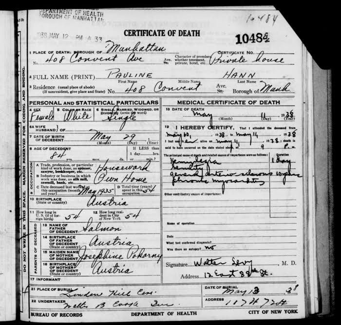 Foto eines handschriftlich ausgefüllten Formulars. Totenschein von Pauline Hann, D-M-1938-0010484, The New York City Municipal Archives