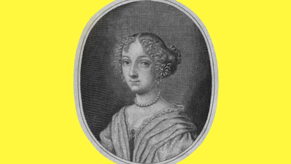 Freigestelltes Porträt einer Frau in ovalem Rahmen vor zitronengelbem Hintergrund (Gabriella Carla Patina).