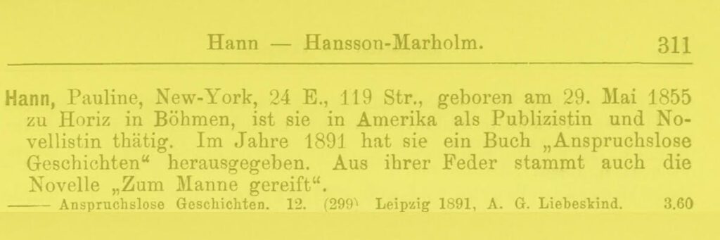 Gelb eingefärbter Lexikonartikel zu Pauline Hann. Es werden einige Rahmendaten und ihre wichtigsten Werke genannt.