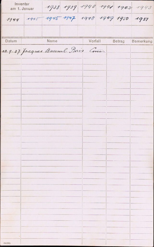 Karteikarte mit Tabelle. Eingetragen sind viele Jahreszahlen und der Vermerk "10.9.37 Jacques Bauml Paris Com.".