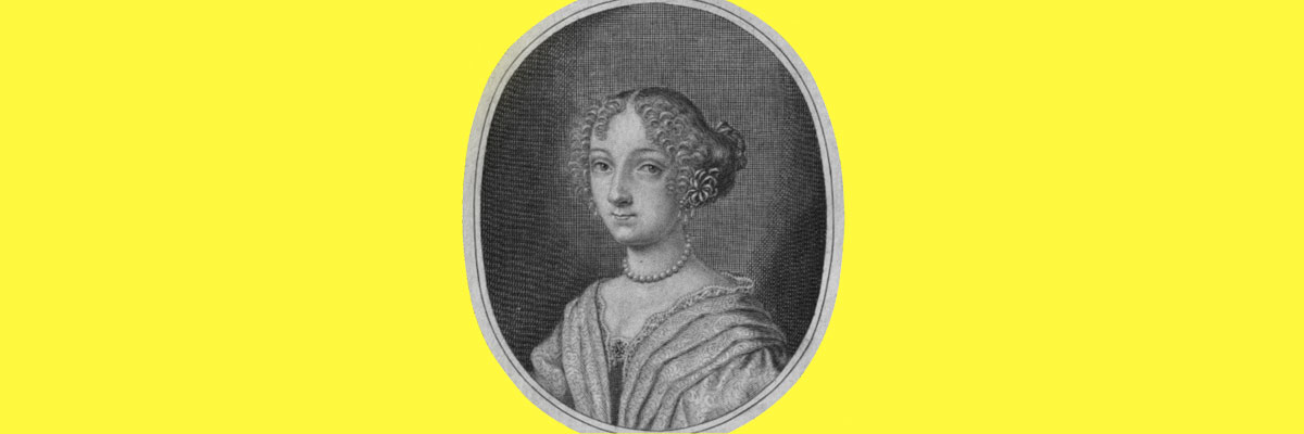 Freigestelltes Porträt einer Frau in ovalem Rahmen vor zitronengelbem Hintergrund (Gabriella Carla Patina).