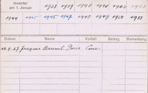 Karteikarte mit Tabelle. Eingetragen sind viele Jahreszahlen und der Vermerk "10.9.37 Jacques Bauml Paris Com.".