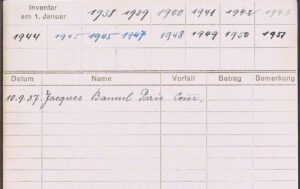 Karteikarte mit Tabelle. Eingetragen sind viele Jahreszahlen und der Vermerk "10.9.37 Jacques Bauml Paris Com.".