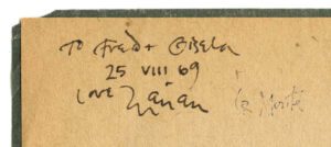 Ausschnitt eines Blattes mit dem handschriftlichen Vermerk "To Fred + Gisela 25 VIII 69 Love Marian La Monte".