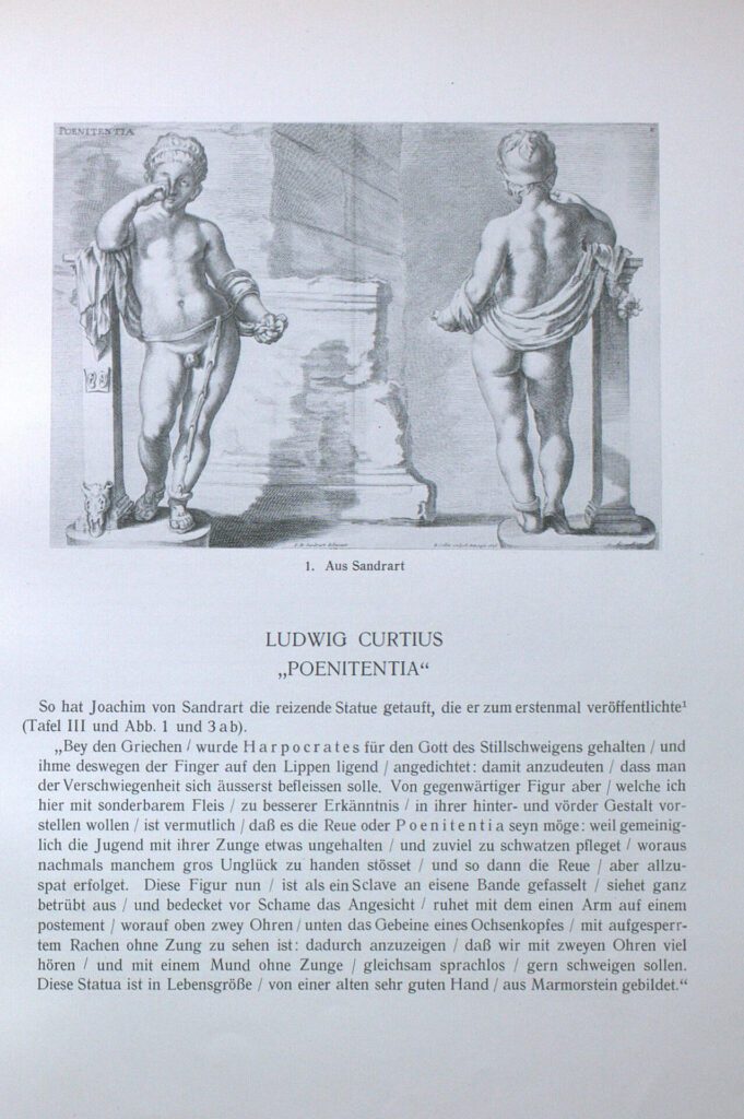 Buchseite mit einer Abbildung und darunter einem Text. Abgebildet ist eine Statue des gefesselten Eros in Vorder- und Rückansicht. Der TExt ist betitelt mit "Ludwig Curtius "Poenitentia""