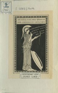 Aufkleber zum Auszeichnen der Herkunft/ des*r Besitzenden eines Buches. Motiv: eine antikisch eingekleidete Frauenfigur mit Helm und Schild ausgestattet.