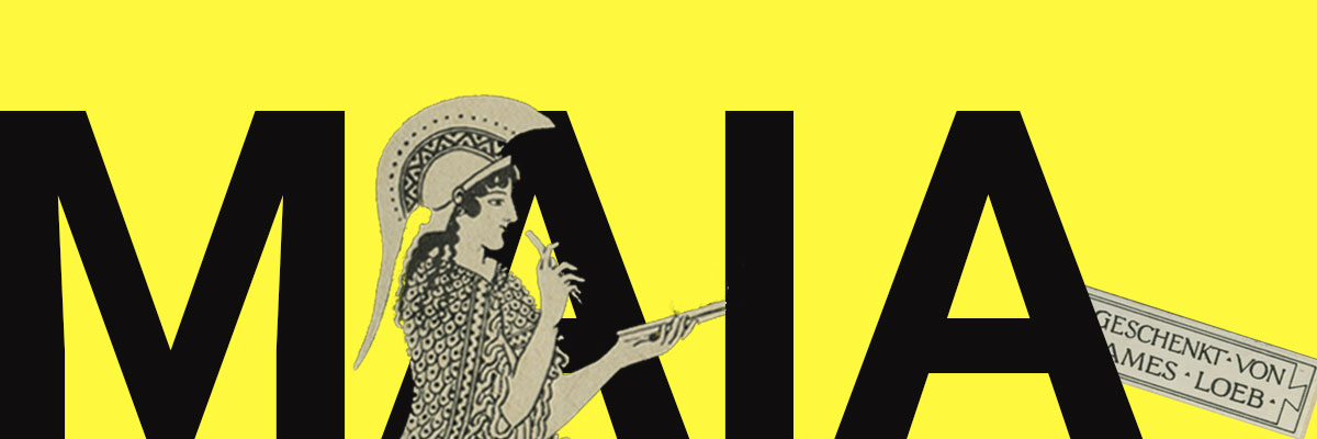 Schwarzer Schriftzug "MAIA" vor zitronengelbem Hintergrund. Davor freigestellt eine antike weibliche Figur.