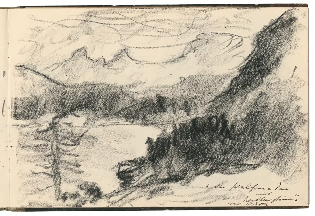 Schwarz-weiße Zeichnung eines Bergsees mit Bäumen im Vordergrund und Bergen im Hintergrund, darunter handschriftlicher Text.