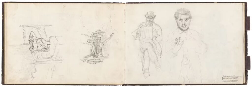 Skizzenbuch mit vier Bleistiftzeichnungen: liegende Figur, mechanisches Gerät, stehende Person von hinten, stehende Person mit erhobener Hand.