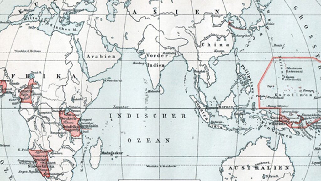 Ein Ausschnitt einer Weltkarte. Zu sehen sind der Indische Ozean sowie Teile Afrikas und Ozeaniens. Einige Gebiete sind rot markiert.