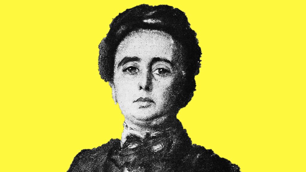 Vor zitronengelbem Hintergrund freigestellt: schwarz/weißes Portrait einer Frau (Helen Zimmern).