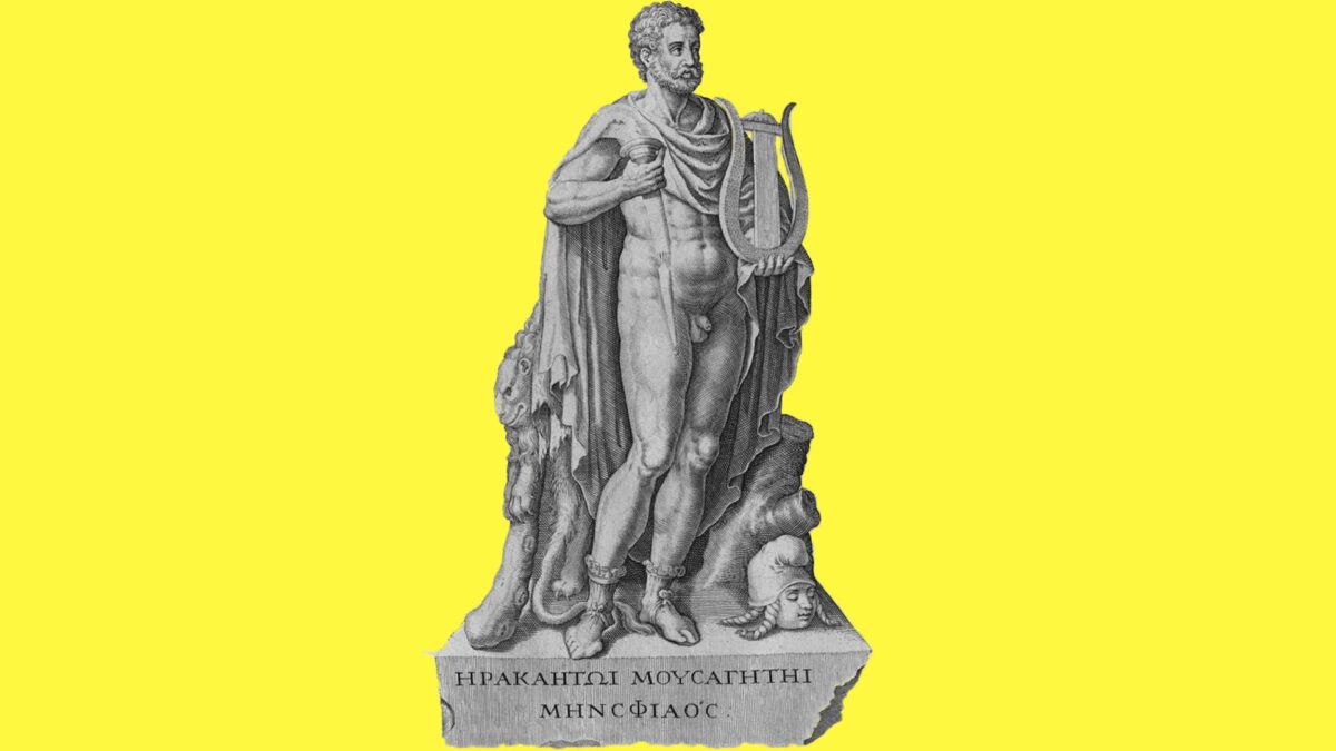 Freigestellte Figur eines muskulösen, nackten Mannes vor zitronengelben Hintergrund.