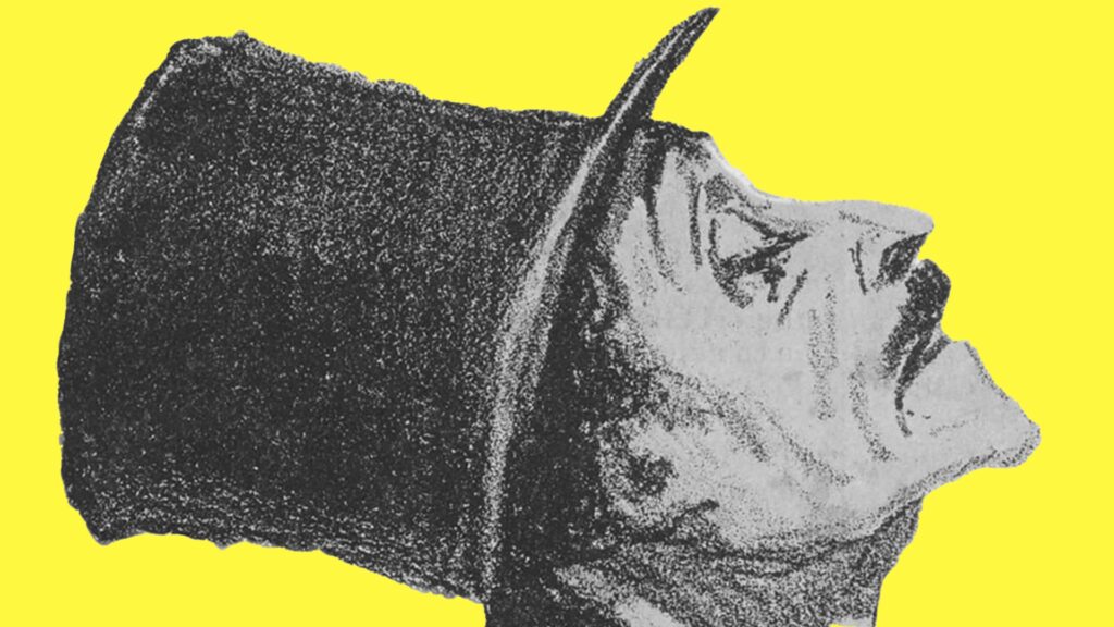 Ausschnitt aus einer Zeichnung. Wir sehen unzählige schwarze Zylinder, die auf eine Menschenmenge verweisen. Ein Mann mit knochigem Gesicht und Moustache reckt seinen Kopf empor und sticht so aus der Masse heraus. Er ist freigestellt.