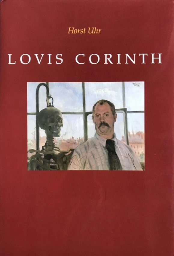 Buchcover mit dem Titel 'Lovis Corinth' von Horst Uhr, zeigt eine Person neben einem Skelett vor einem Fenster.