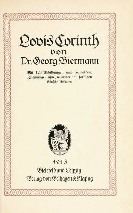 Titelseite eines Buchs von 1913 mit dem Titel 'Lovis Corinth von Dr. Georg Biermann', Verlagsangaben und einem Wappen mit einem geflügelten Löwen.