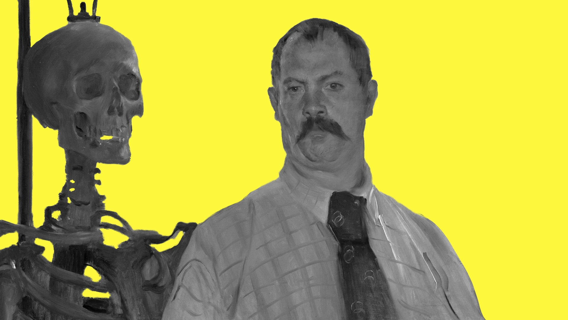 Mann in Hemd und Krawatte vor gelbem Hintergrund. Links ein Skelett.