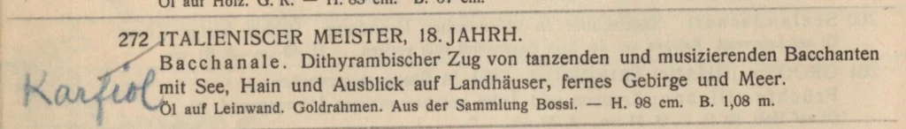 Buchrückseite mit goldener Prägung 'GEMALDESAMMLUNG DOMENICO BOSSI 1767-1873' und mehreren handschriftlichen Markierungen sowie einem roten Aufkleber mit Text 'Kunsthaus VK 1917 0032 Ex.2 Zürich'