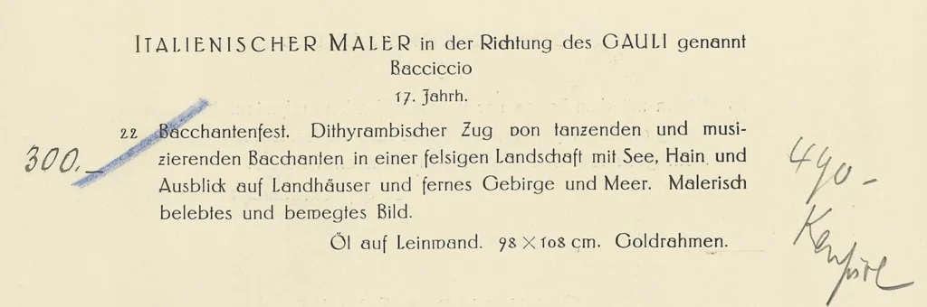Ausschnitt aus einem Buch mit dem Text '272 ITALIENISCHER MEISTER, 18. JAHRH. Bacchanale. Dithyrambischer Zug von tanzenden und musizierenden Bacchanten mit See, Hain und Ausblick auf Landhäuser, fernes Gebirge und Meer. Öl auf Leinwand, Goldrahmen. Aus der Sammlung Bossi. - H. 98 cm, B. 1,08 m.' und handschriftlicher Notiz 'Karlsf...'.