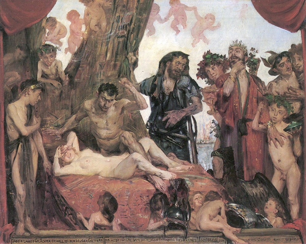 Gemälde mit mehreren teils bekleideten und nackten Figuren in antiker Szenerie, zentrale liegende nackte Frau auf rotem Tuch, umgeben von stehenden und sitzenden Personen, darunter ein Mann mit Lorbeerkranz und ein Mann mit erhobener Hand, im Hintergrund ein großes hölzernes Objekt und mehrere Putten am Himmel